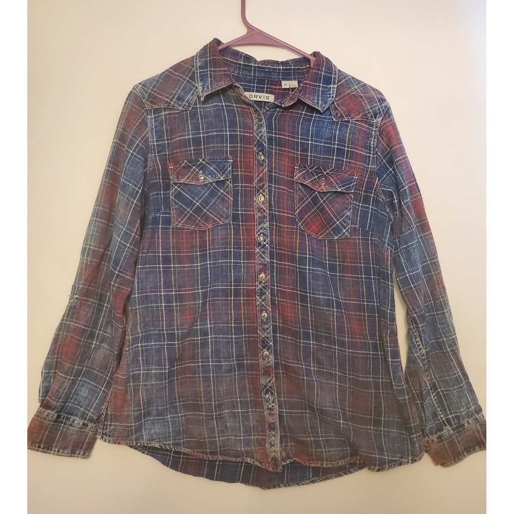 Orvis‎ Long Sleeve Plaid Button Up Shirt Womens Size Medium Blue Red